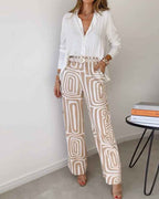Women's Casual Long-sleeved Lapel Shirt Printed Wide-leg Pants Suit - VEX CLUB HOUSE