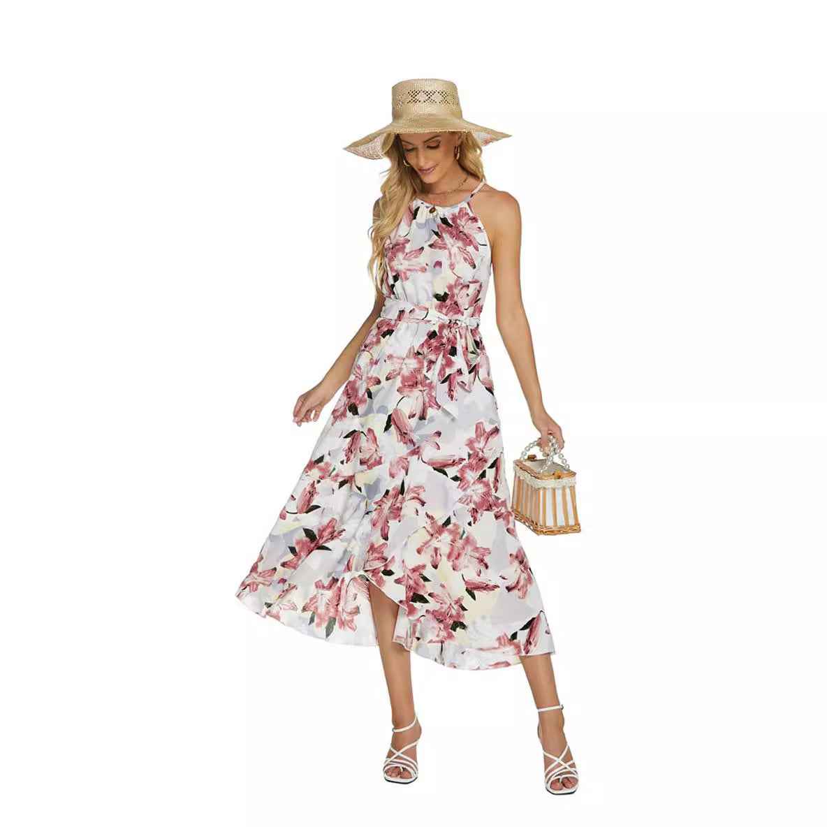 Fashionable Printed Halterneck Sleeveless Lace-Up Dress - VEX CLUB HOUSE