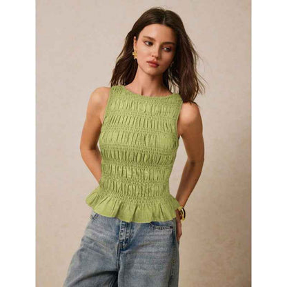 Womens Solid-Color Pleated Crew-Neck Casual Tank Top - VEX CLUB HOUSE