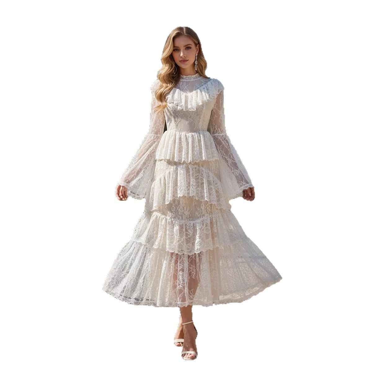 Stand-collar Embroidered Ruffled Maxi Dress - VEX CLUB HOUSE