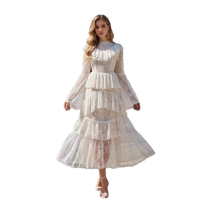 Stand-collar Embroidered Ruffled Maxi Dress - VEX CLUB HOUSE