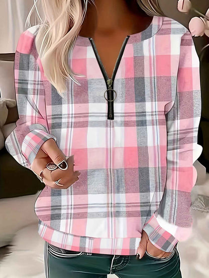 Womens Autumn Winter Printed Plaid Half-Zip Hoodie - VEX CLUB HOUSE