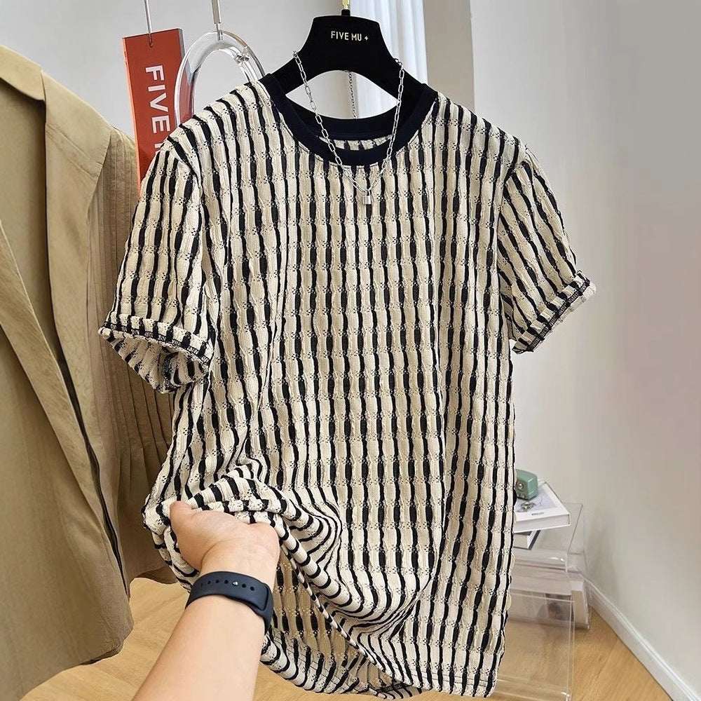 Men's Casual Loose Textile Short Sleeve Stripes - VEX CLUB HOUSE
