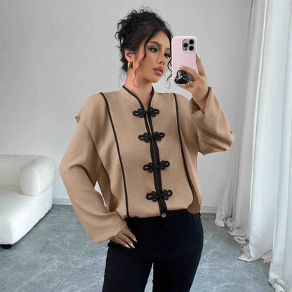 Womens Chinese-knot Ethnic-style Long-sleeve Blouse - VEX CLUB HOUSE