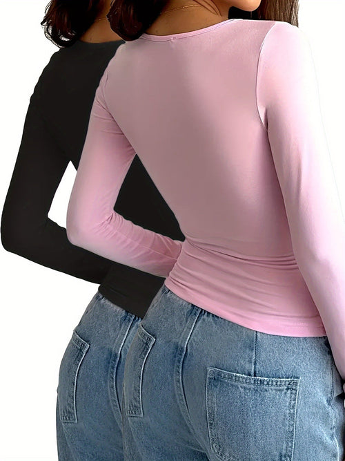 2 Packs of Elegant Solid Color Crew Neck Slim Fit Long Sleeve T-Shirts for Women V E X C L U B H O U S E