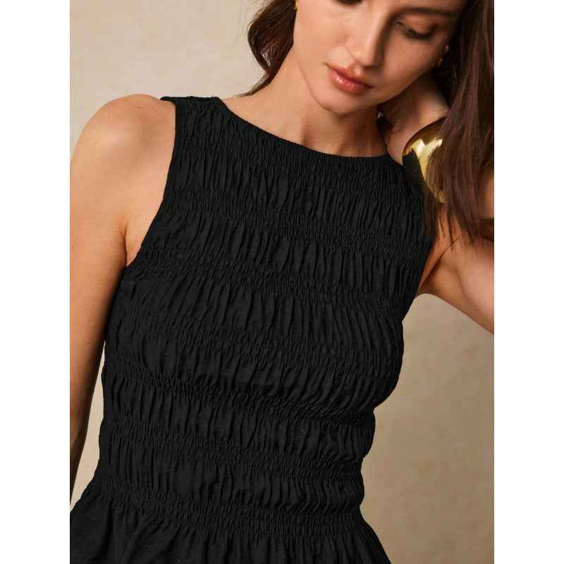 Womens Solid-Color Pleated Crew-Neck Casual Tank Top - VEX CLUB HOUSE