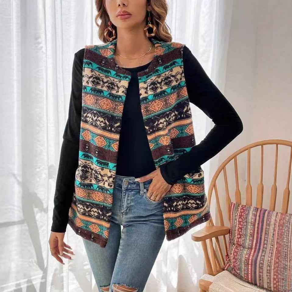 Women's Printed Double-sided Plush Buttonless Cardigan - VEX CLUB HOUSE