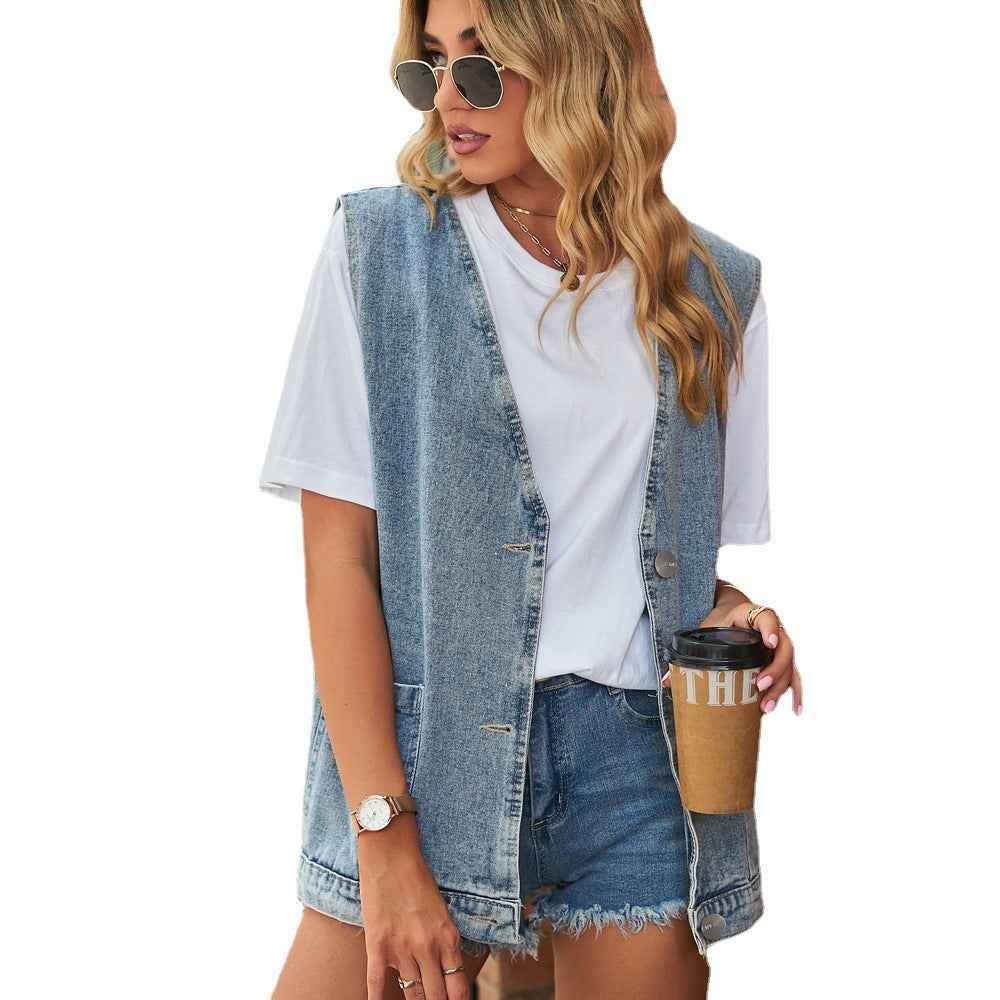 Womens Denim Vest Sleeveless Waistcoat Top - VEX CLUB HOUSE