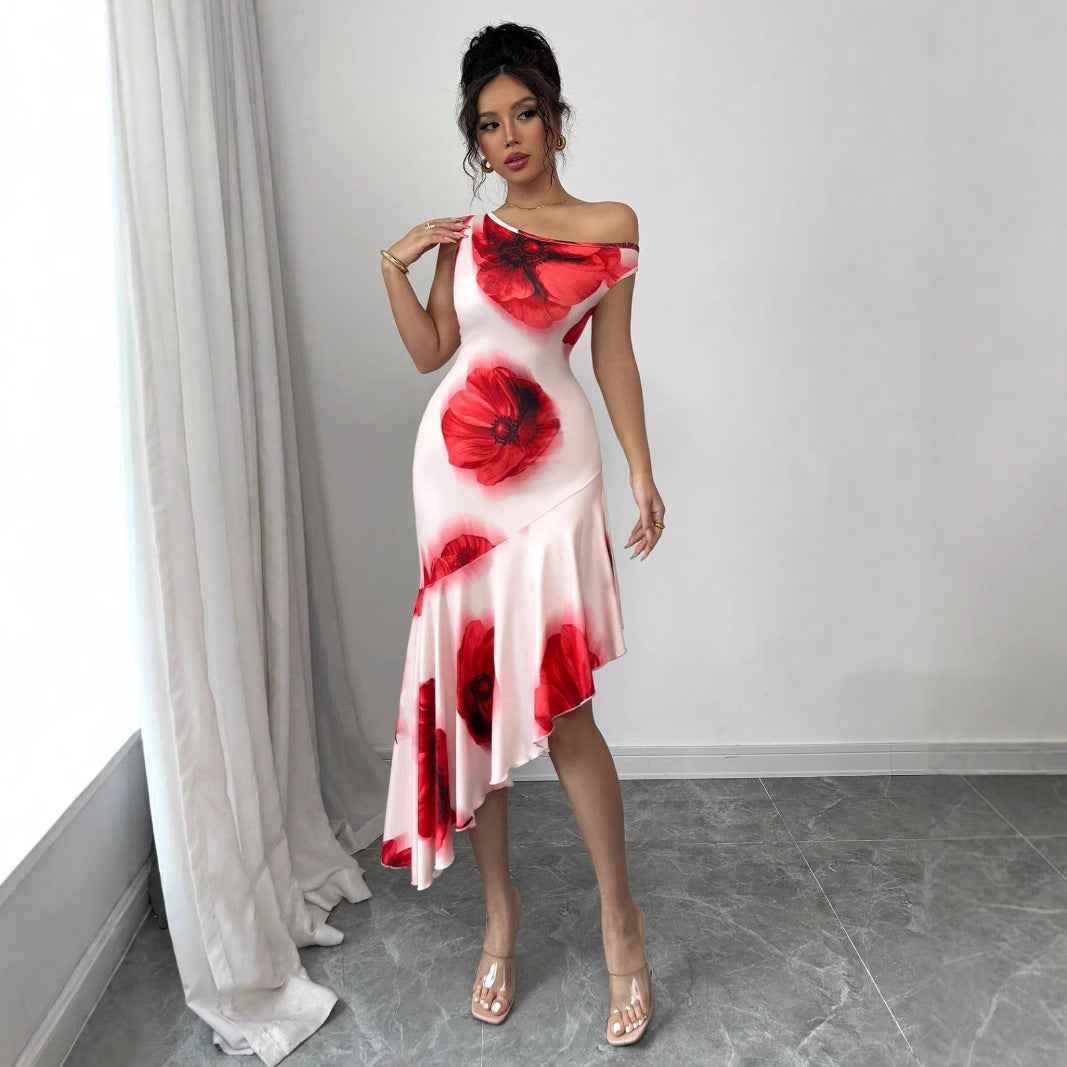 Elegant Asymmetrical Figure-flattering Dress With A Strategically Placed Hibiscus Floral Print - VEX CLUB HOUSE