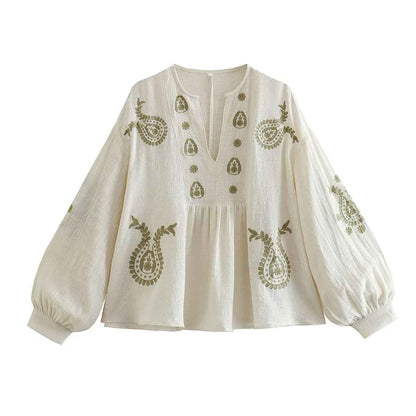 Womens Loose-fitting Cotton Embroidered Blouse - VEX CLUB HOUSE