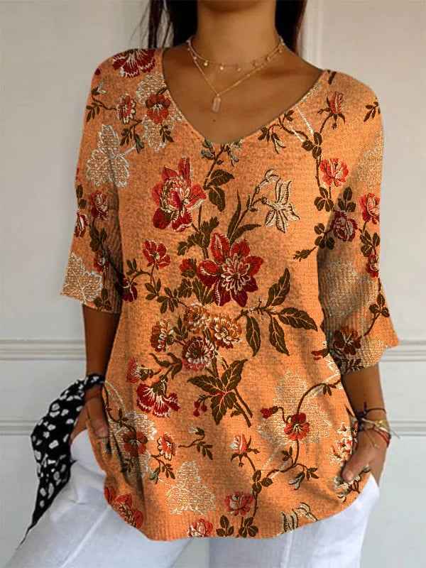 Elegant Retro Womens Casual Floral Print V-Neck Long-Sleeve Top - VEX CLUB HOUSE