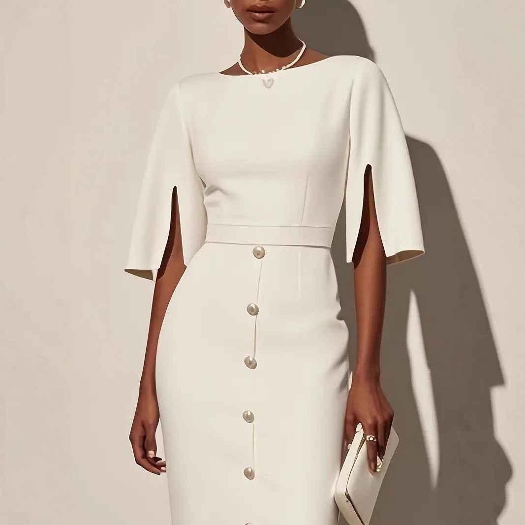 Summer Solid-Color Crew-Neck Defined-Waist Dress With Slit And Buttons - VEX CLUB HOUSE