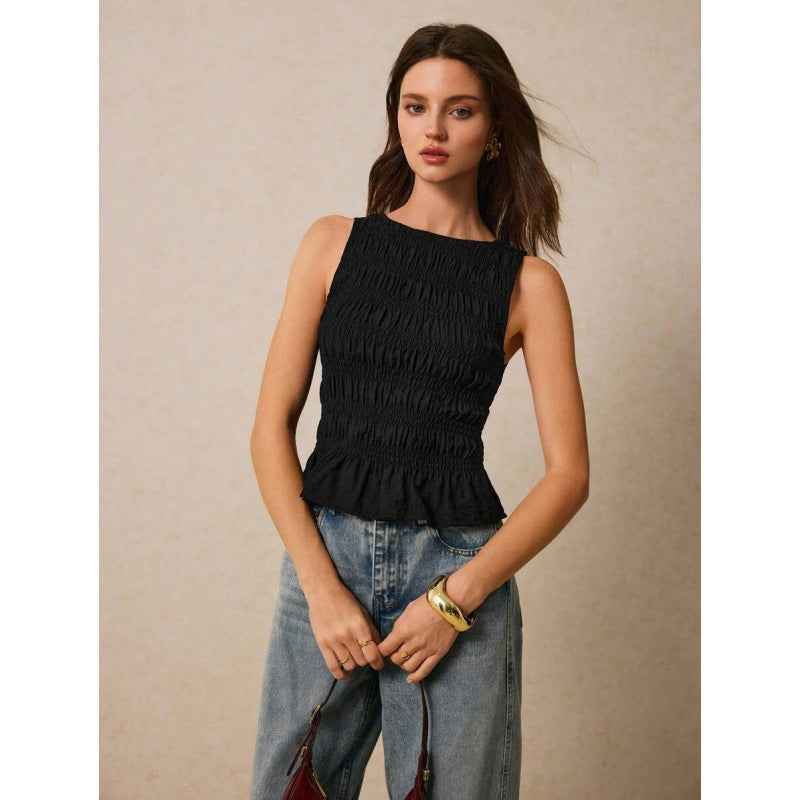 Womens Solid-Color Pleated Crew-Neck Casual Tank Top - VEX CLUB HOUSE