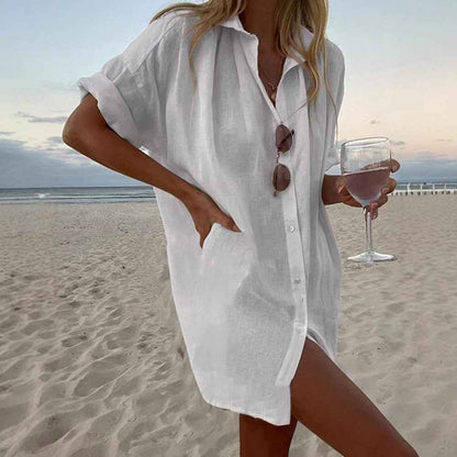 Women's Casual Loose-Fit Fashionable Cotton-Linen Solid-Color Short-Sleeve Top - VEX CLUB HOUSE