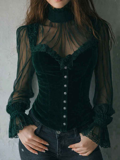 Mesh-panel Black Lace Top With Hollow-out Floral Trim - VEX CLUB HOUSE