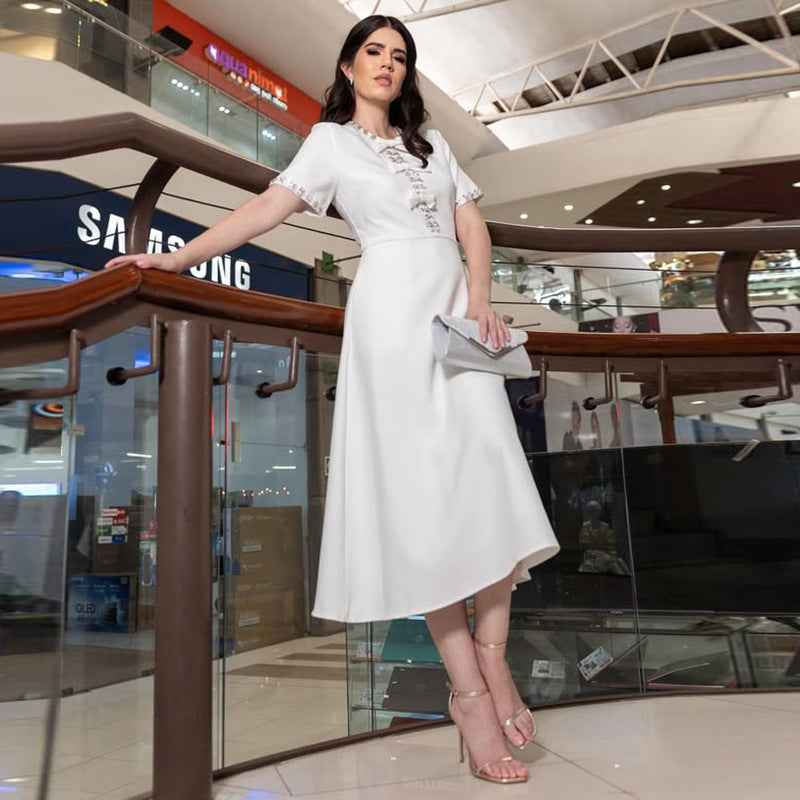 New Stylish Long Dress With A Round Neckline Bow Detail And Patchwork Design - VEX CLUB HOUSE