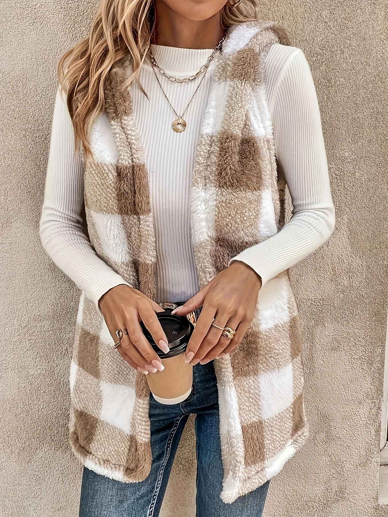 Fashion Elegant Cardigan Two-tone Plaid Hooded Women's Plush Vest Coat - VEX CLUB HOUSE