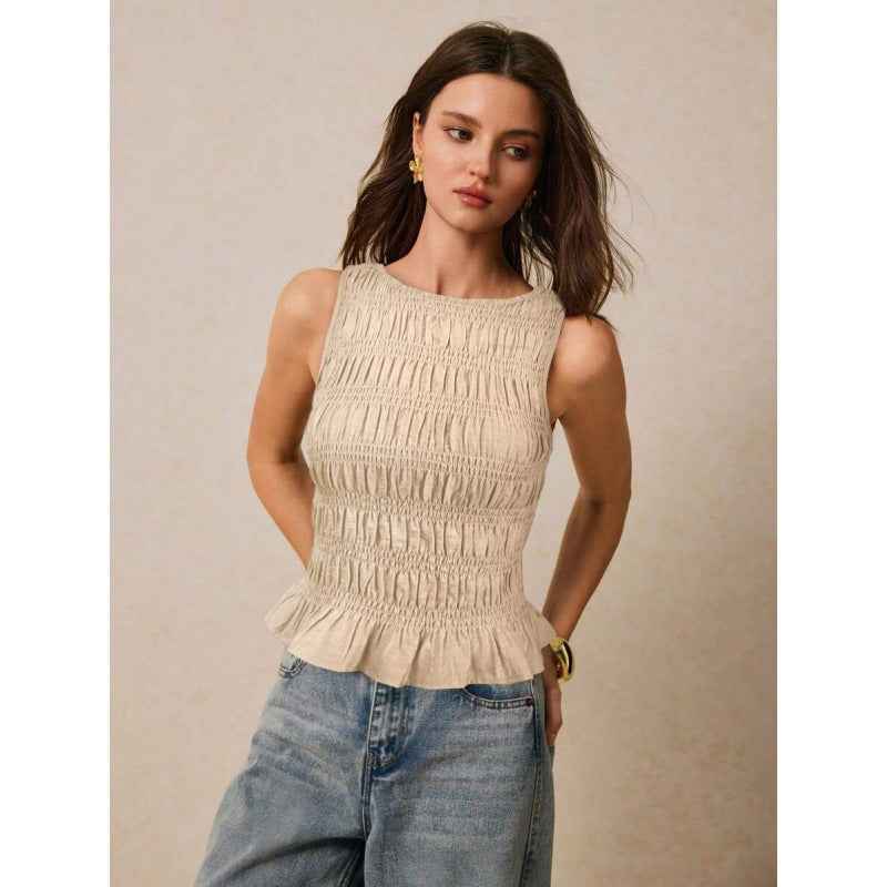 Womens Solid-Color Pleated Crew-Neck Casual Tank Top - VEX CLUB HOUSE