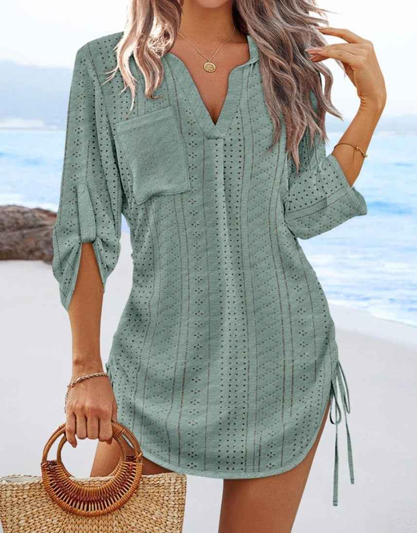 Womens Solid-Color Hollowed-Out Side-Pleated Tie-Detail Dress - VEX CLUB HOUSE