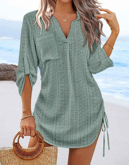 Womens Solid-Color Hollowed-Out Side-Pleated Tie-Detail Dress - VEX CLUB HOUSE