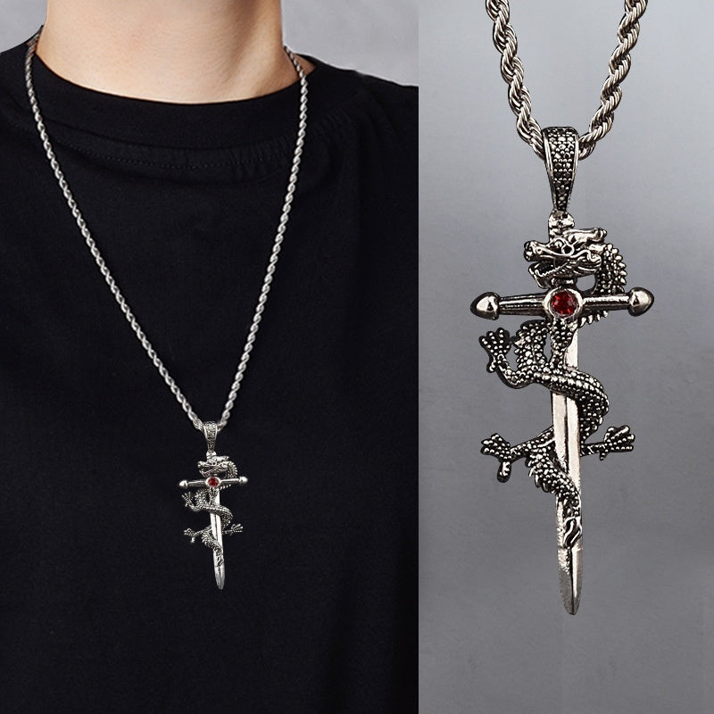 Fashion Jewelry Dragon Sword Pendant Necklace Paved Black Color Jewelry For Men Boy Christmas Gifts V E X C L U B H O U S E