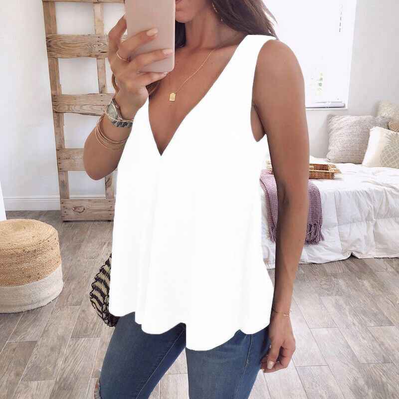 Deep V-shaped Loose Solid Color Sleeveless T-shirt - VEX CLUB HOUSE