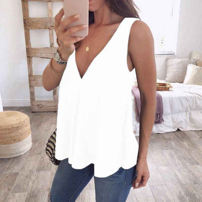 Deep V-shaped Loose Solid Color Sleeveless T-shirt - VEX CLUB HOUSE