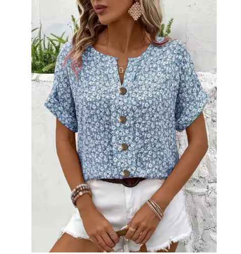 Womens Casual Plant-Print Jacquard Collar Short-Sleeve T-Shirt - VEX CLUB HOUSE