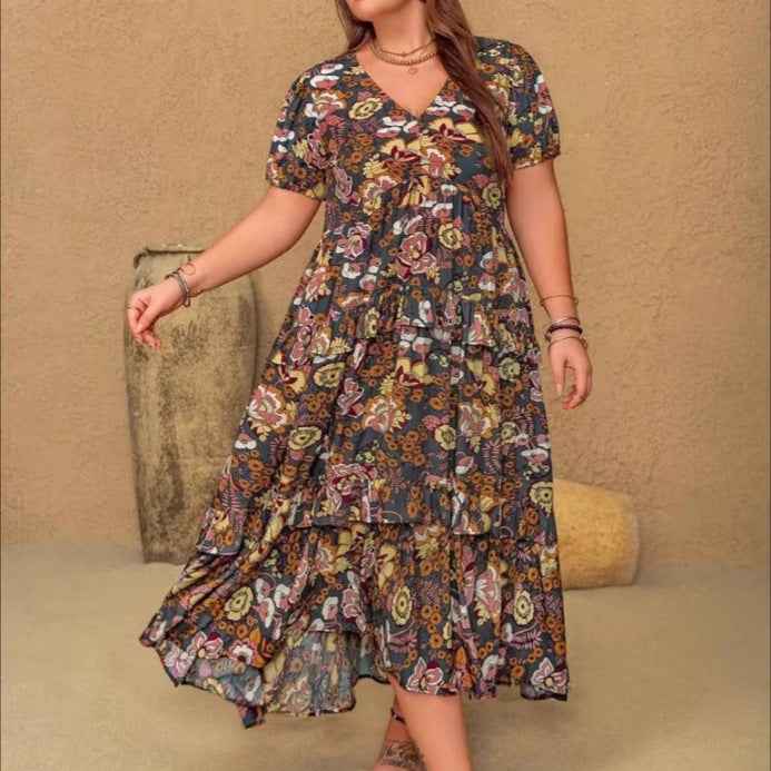 Womens Plus-Size Bohemian V-Neck Printed Short-Sleeve Dress - VEX CLUB HOUSE