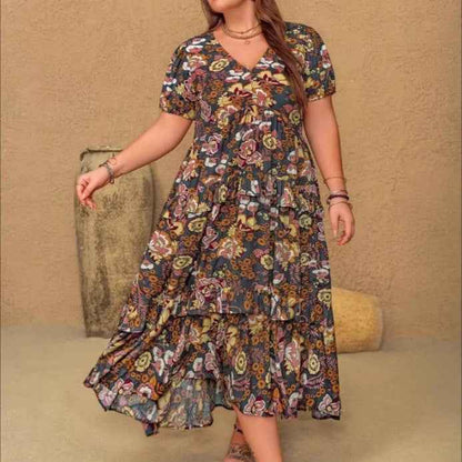 Womens Plus-Size Bohemian V-Neck Printed Short-Sleeve Dress - VEX CLUB HOUSE