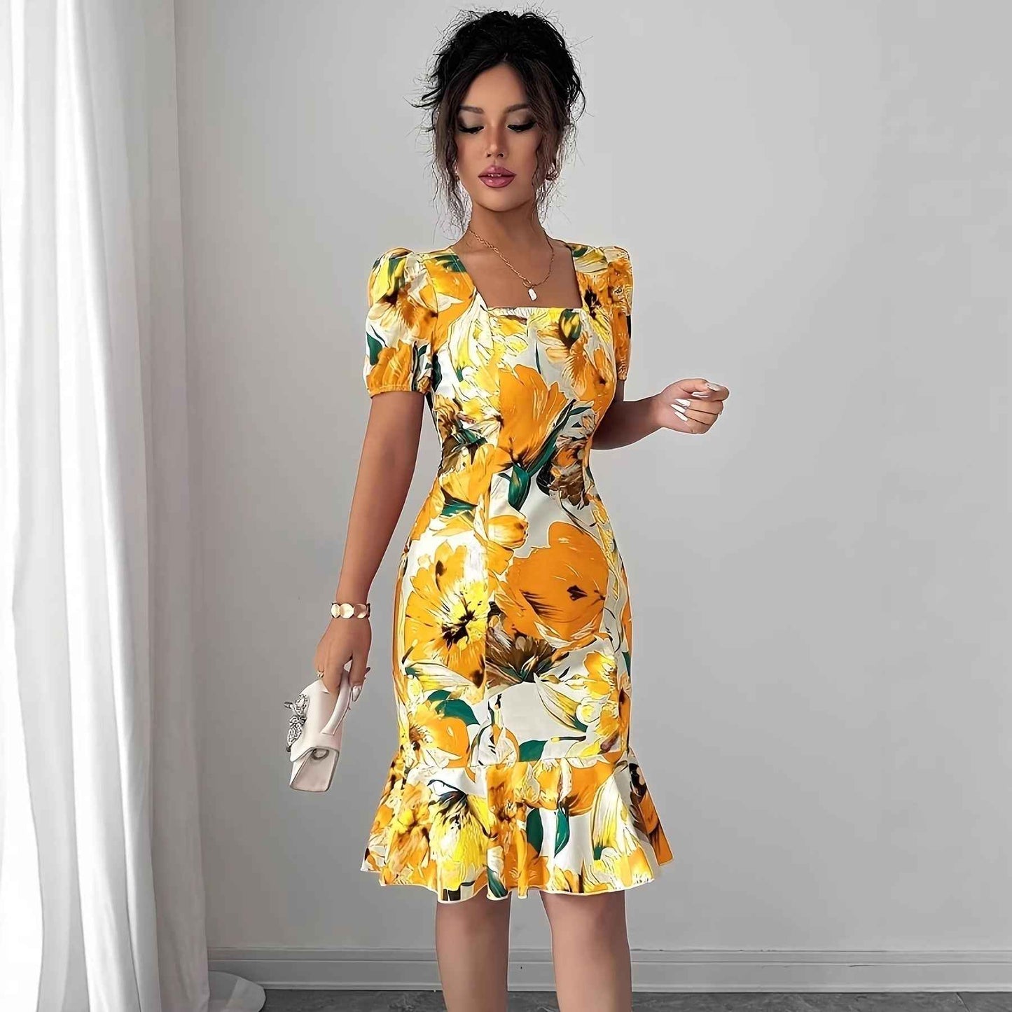 Womens Retro Square-Neck Puff-Sleeve Waist-Cinching Ruffle-Trim Dress - VEX CLUB HOUSE