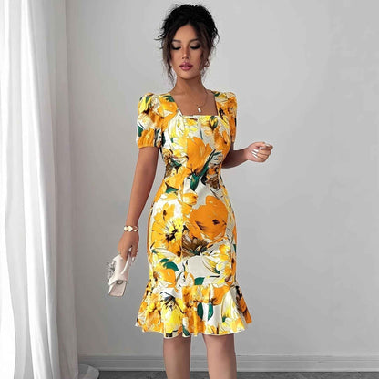 Womens Retro Square-Neck Puff-Sleeve Waist-Cinching Ruffle-Trim Dress - VEX CLUB HOUSE