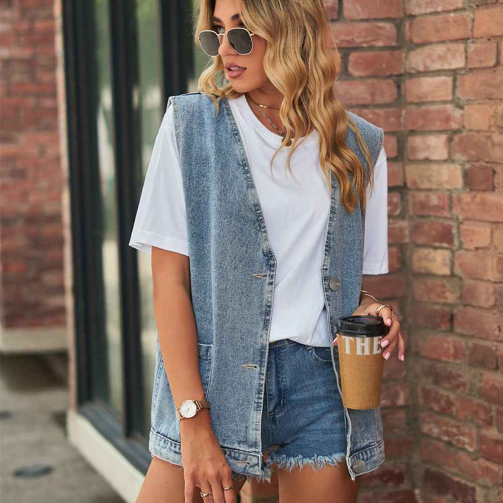 Womens Denim Vest Sleeveless Waistcoat Top - VEX CLUB HOUSE