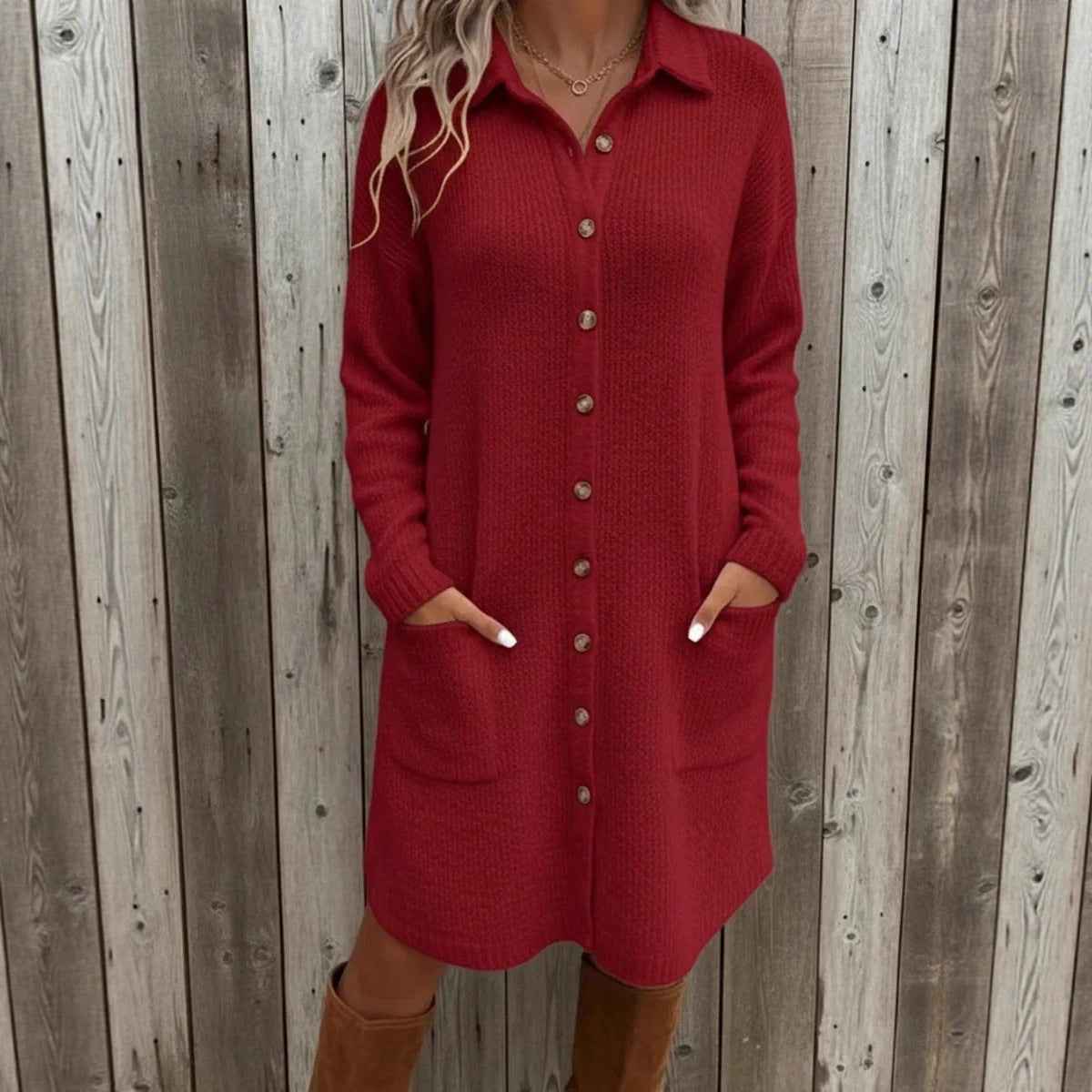 Knitted Button Down Solid Color Long Sleeve Pocket Cardigan Sweater Dress - VEX CLUB HOUSE
