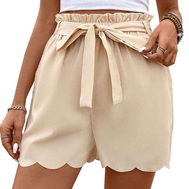 Lace-up Scalloped Solid Color Shorts For Women - VEX CLUB HOUSE