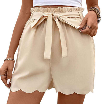 Lace-up Scalloped Solid Color Shorts For Women - VEX CLUB HOUSE