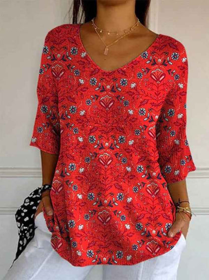 Elegant Retro Womens Casual Floral Print V-Neck Long-Sleeve Top - VEX CLUB HOUSE