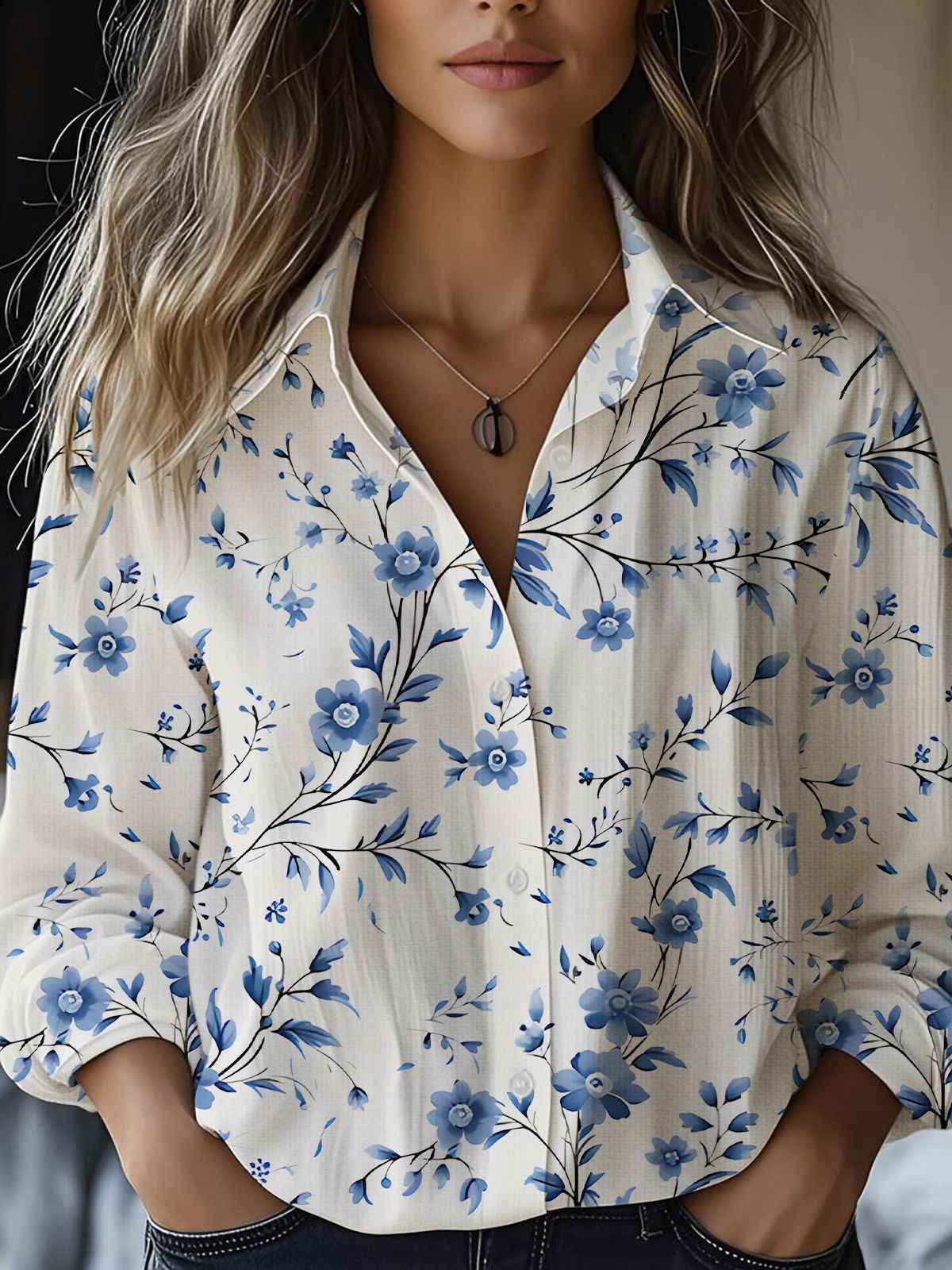Floral-print Long-sleeve Shirt Delicate Linen Casual Blouse - VEX CLUB HOUSE