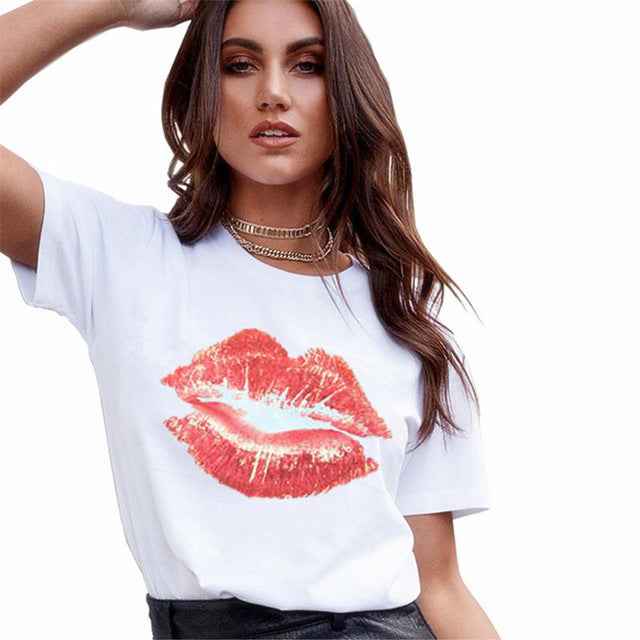 Casual Red Lip Print Ladies Short-sleeved Top T-shirt - VEX CLUB HOUSE