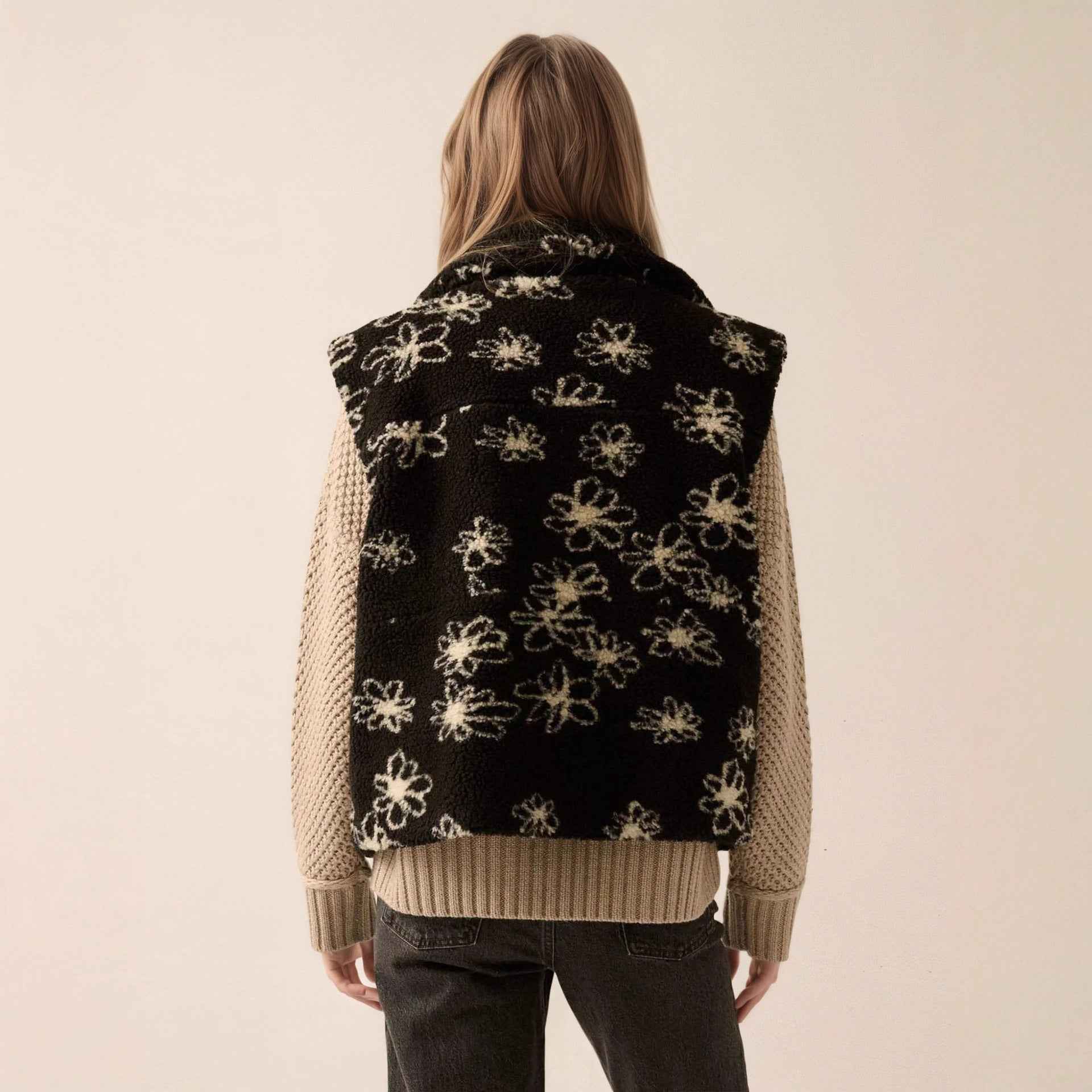 Fashion Polo Collar Flower Print Lamb Wool Vest - VEX CLUB HOUSE