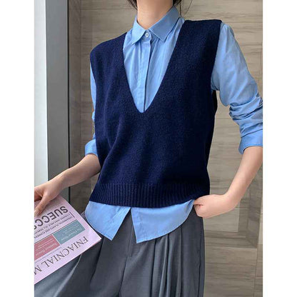 Elegant Deep V-neck Pure Wool Versatile Layered Knit Vest - VEX CLUB HOUSE
