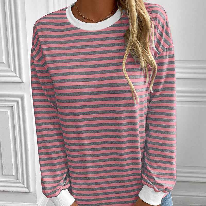Navy Striped Crew-neck Long-sleeve Loose-fitting Top - VEX CLUB HOUSE