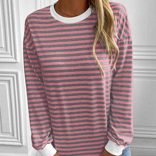 Navy Striped Crew-neck Long-sleeve Loose-fitting Top - VEX CLUB HOUSE
