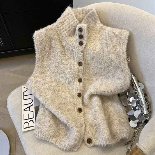 Korean-style Refined High-neck Single-breasted Solid Color Knitted Vest - VEX CLUB HOUSE