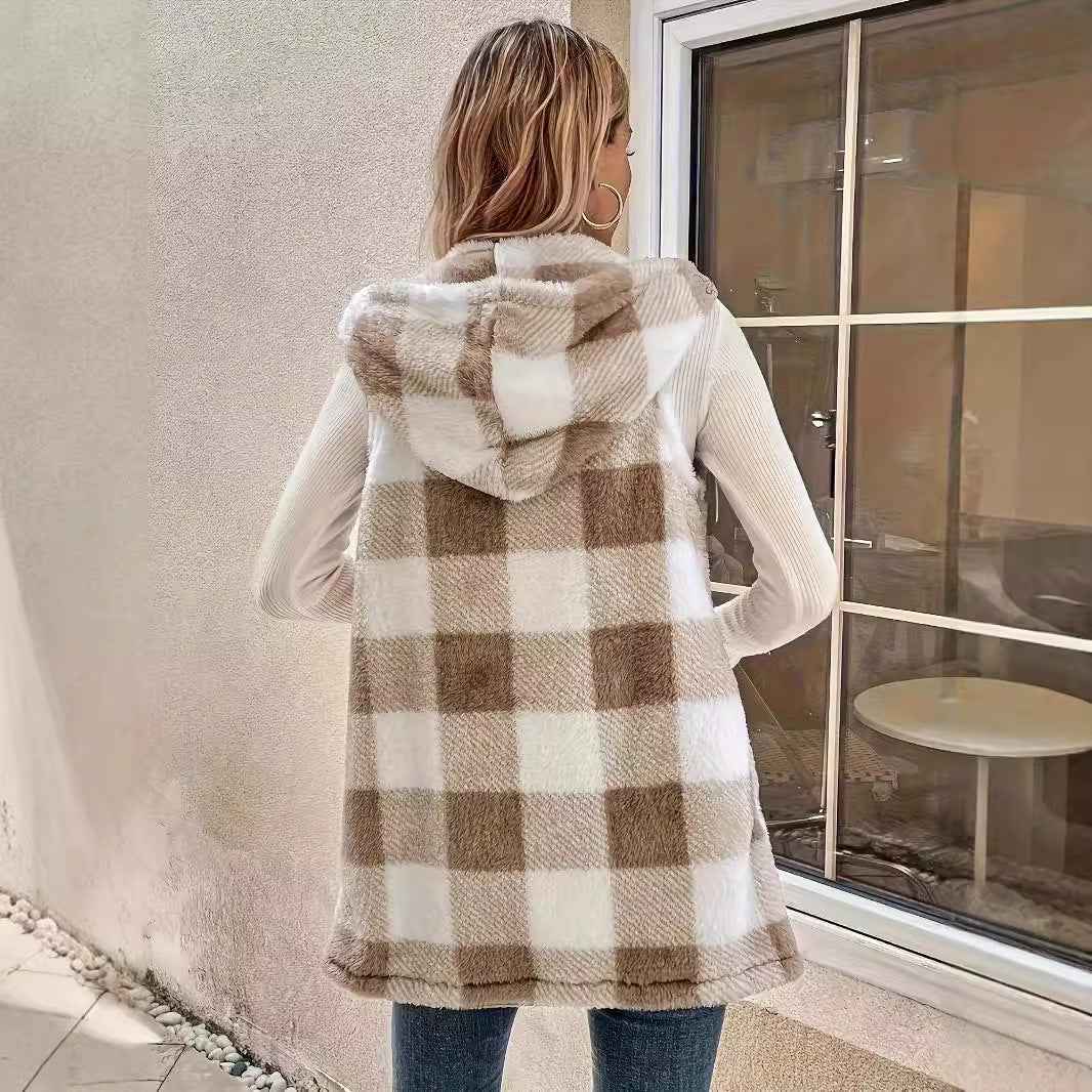Fashion Elegant Cardigan Two-tone Plaid Hooded Women's Plush Vest Coat - VEX CLUB HOUSE