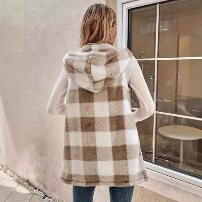 Fashion Elegant Cardigan Two-tone Plaid Hooded Women's Plush Vest Coat - VEX CLUB HOUSE