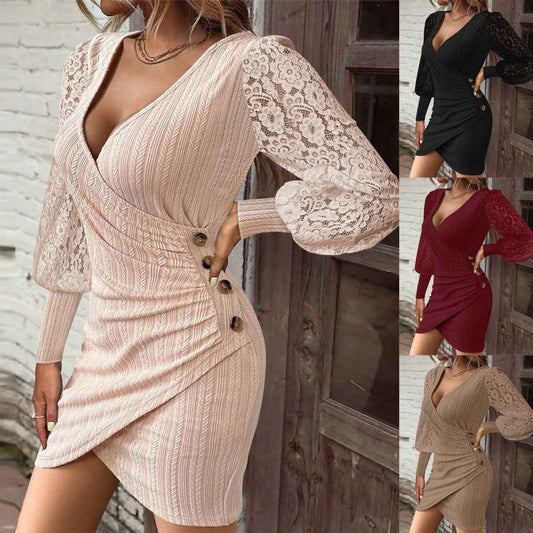 Autumn Solid-Color V-Neck Slim-Fit Sexy Dress - VEX CLUB HOUSE
