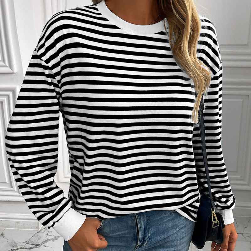 Navy Striped Crew-neck Long-sleeve Loose-fitting Top - VEX CLUB HOUSE