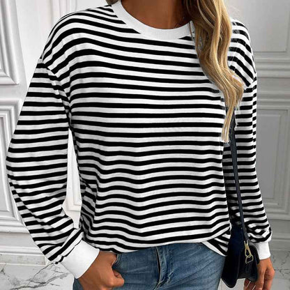 Navy Striped Crew-neck Long-sleeve Loose-fitting Top - VEX CLUB HOUSE