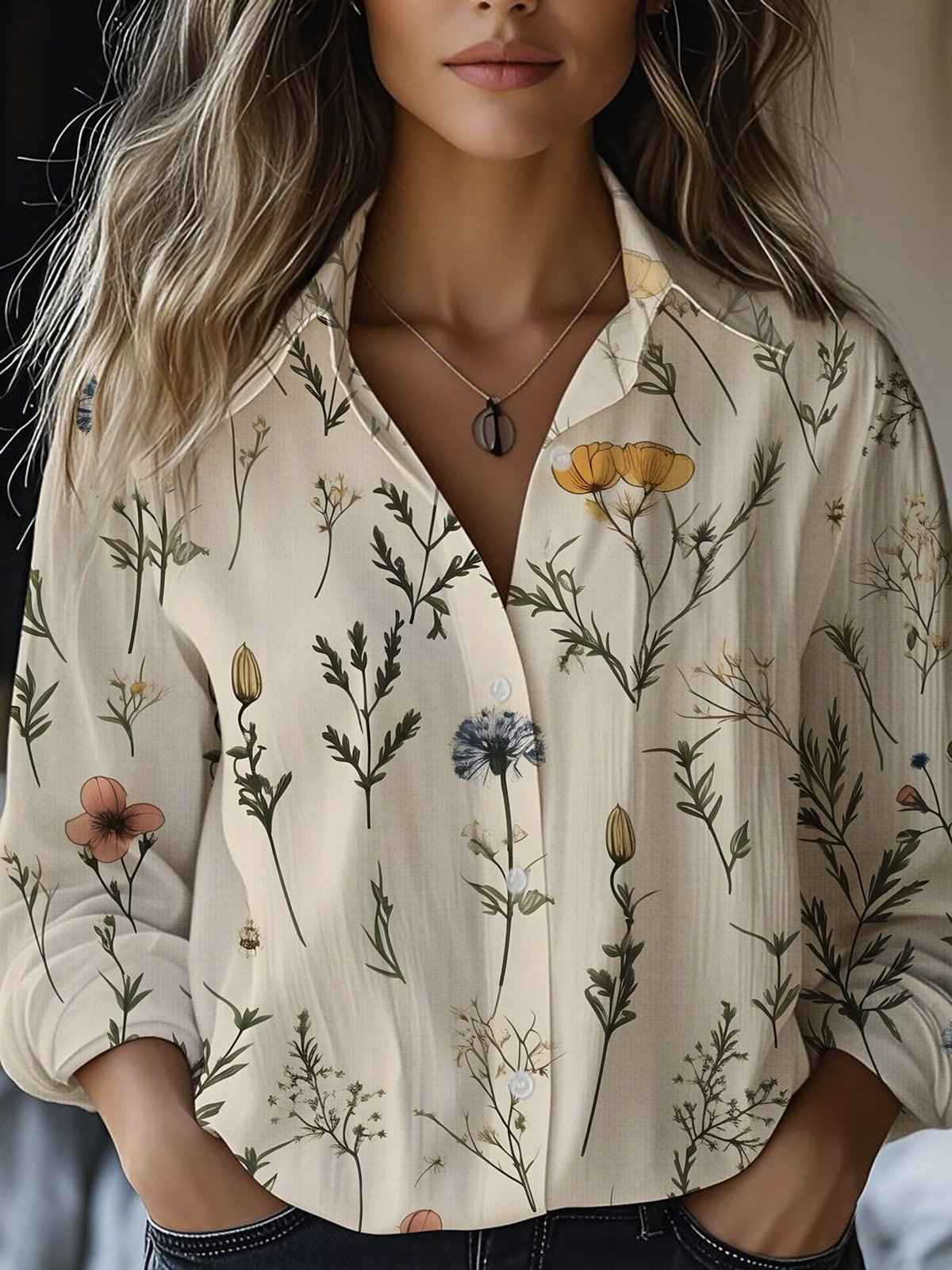 Floral-print Long-sleeve Shirt Delicate Linen Casual Blouse - VEX CLUB HOUSE